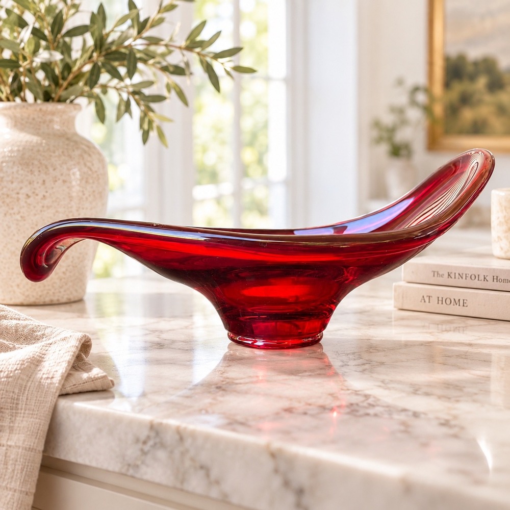 Vintage Ruby Red Art Glass Bowl Asymmetrical Murano Style Centerpiece Dish